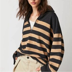 FREE PEOPLE | Coastal Stripe Half Zip Pullover in Carbon/Camel | XS
